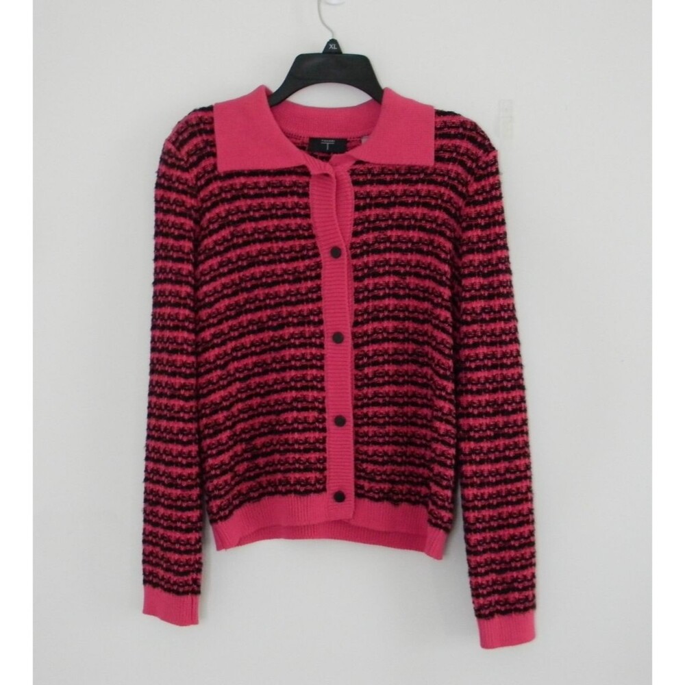 Tahari Hot Pink and Black Sweater Button Up Collared Cardigan Layering NWT